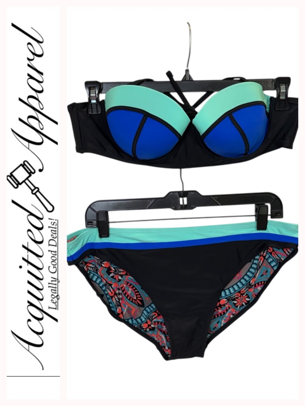 OP Ocean Pacific Colorblock Black & Teal Blue Bikini Set XL